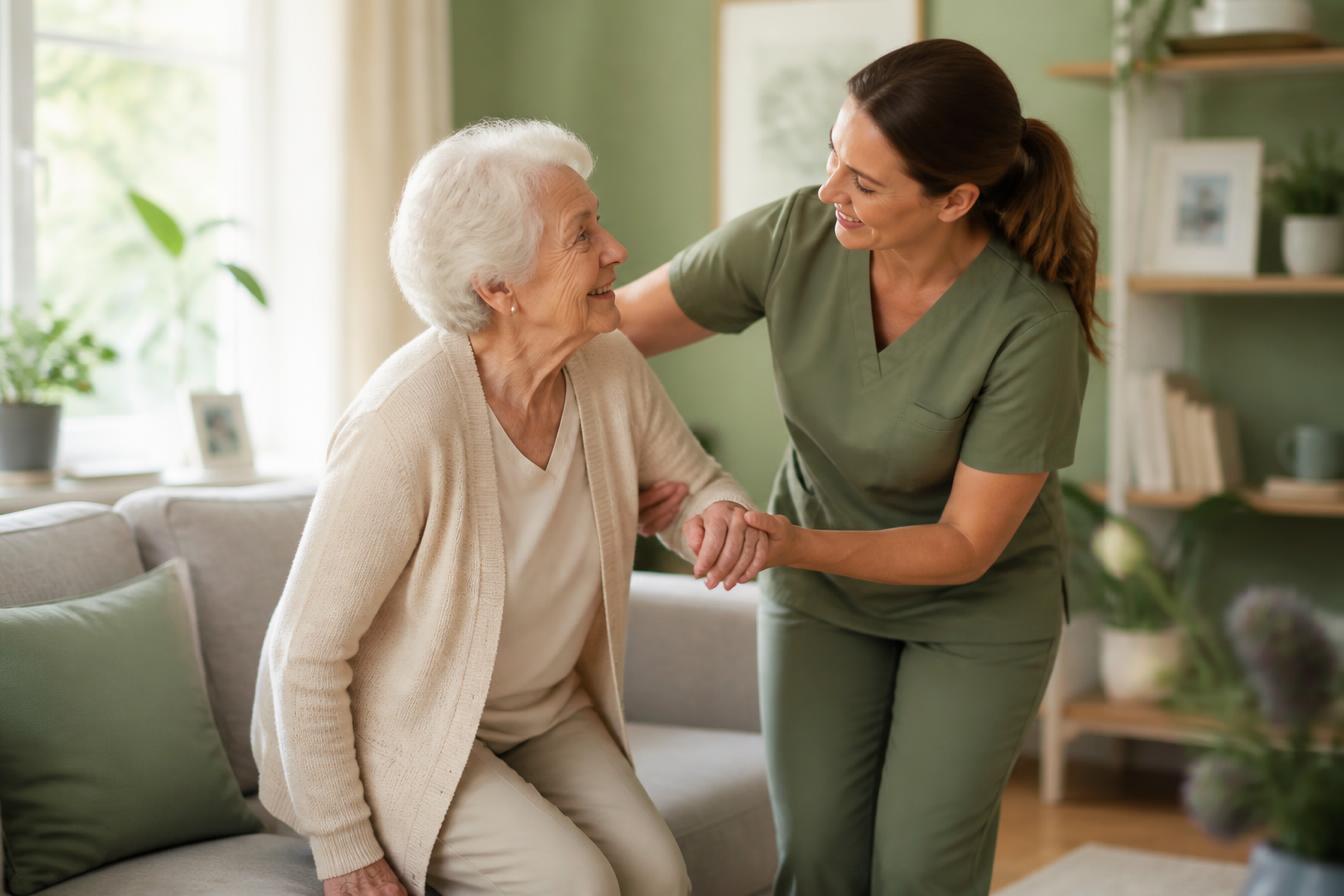 Caregiver helping an elderly woman in a cozy home